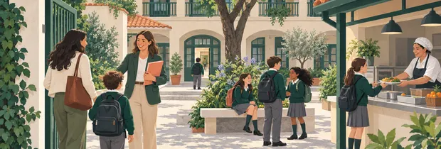 Patio de un colegio ilustrado, compartido como imagen de ejemplo en un comunicado.