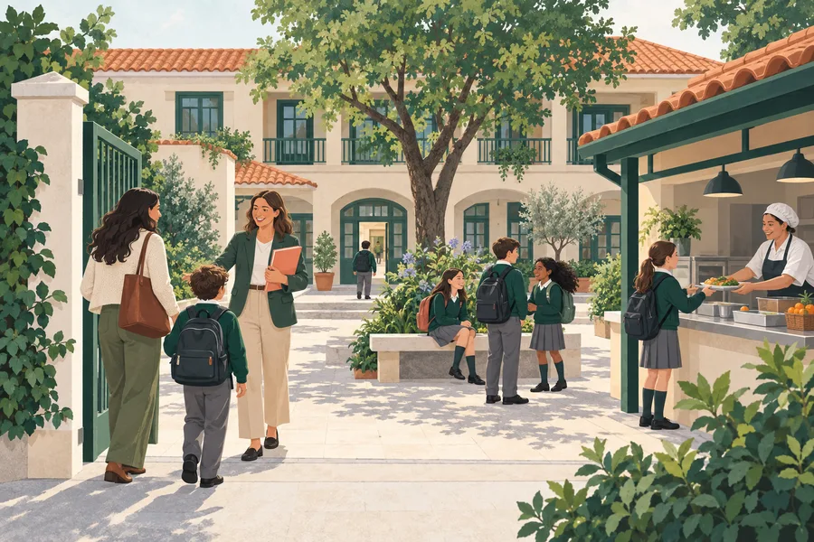 Ilustración de una comunidad escolar: una docente recibe a una familia, alumnos conversan en el patio y la cantina sirve el almuerzo.